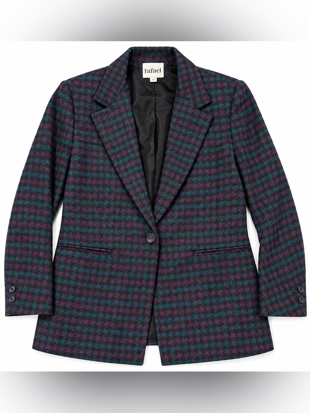 Vintage Rafael Women’s Blazer Size 14 Teal Purple Plaid Wool Blend Made USA